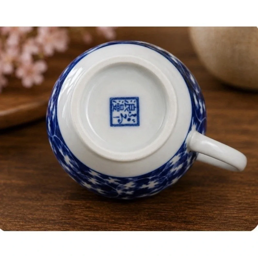 Japanese Blue And White Porcelain Tea Cup Saucer Set, Arita Style Floral 4
